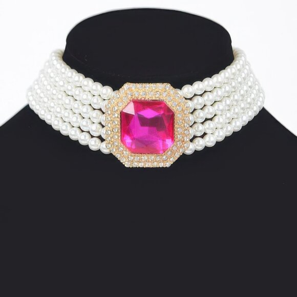 Multi Faux Pearl Chain Stone Choker - Picture 1 of 3